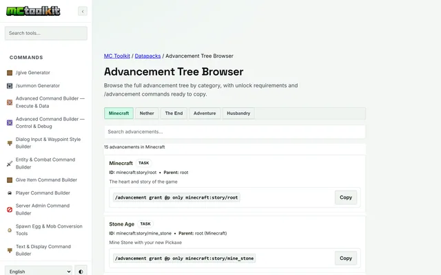 Advancement Tree Browser in use