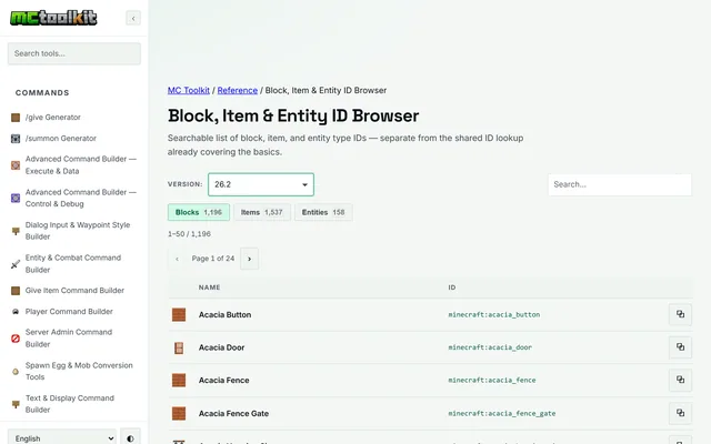 Block, Item & Entity ID Browser in use