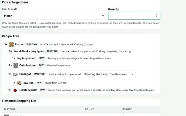 Crafting Cost Tree Calculator in use