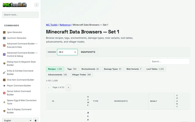 Minecraft Data Browsers — Set 1 in use
