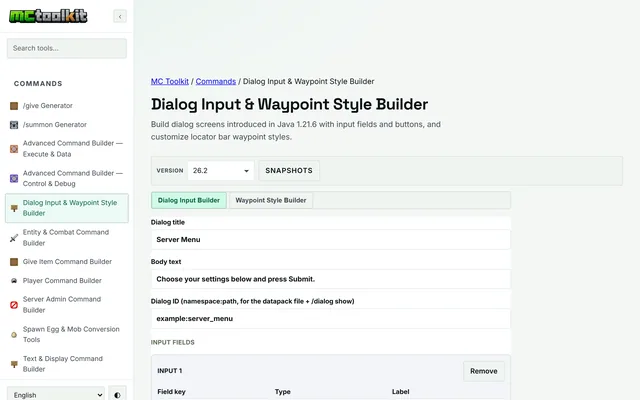 Dialog Input & Waypoint Style Builder in use