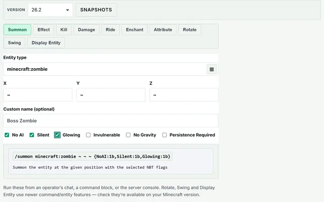 Entity & Combat Command Builder in use