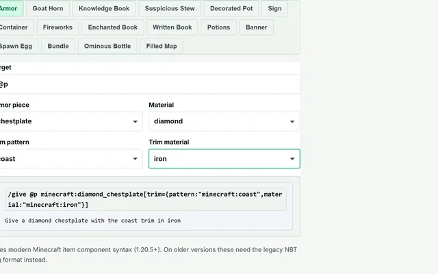 Give Item Command Builder in use
