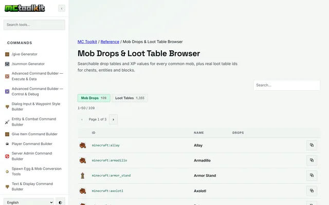 Mob Drops & Loot Table Browser in use