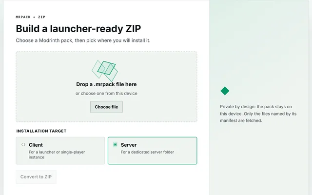 MRPACK to ZIP Converter in use