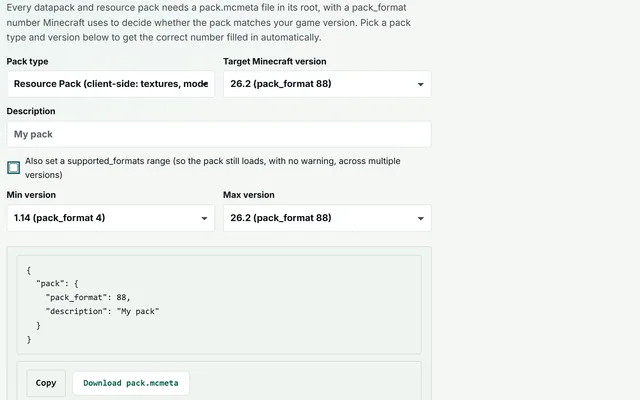 Pack.mcmeta Generator in use