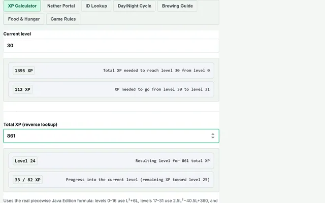 Minecraft Reference & Calculators — Set 1 in use