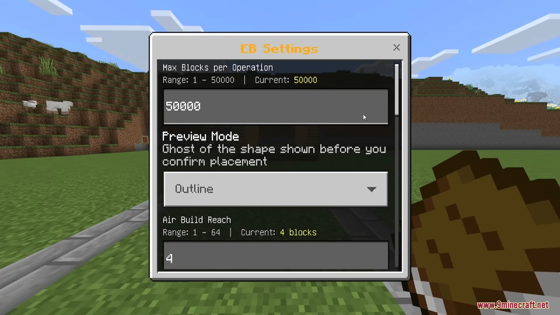 Settings menu for adjusting Effortless Building block placement parameters