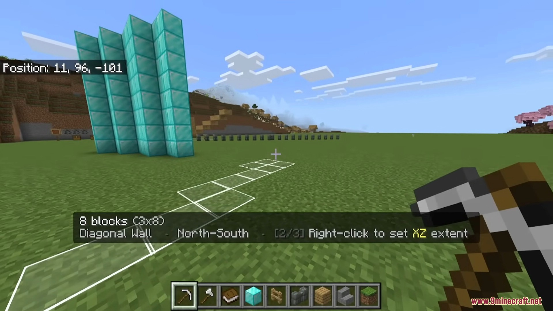 In game view showing active diagonal wall placement preview