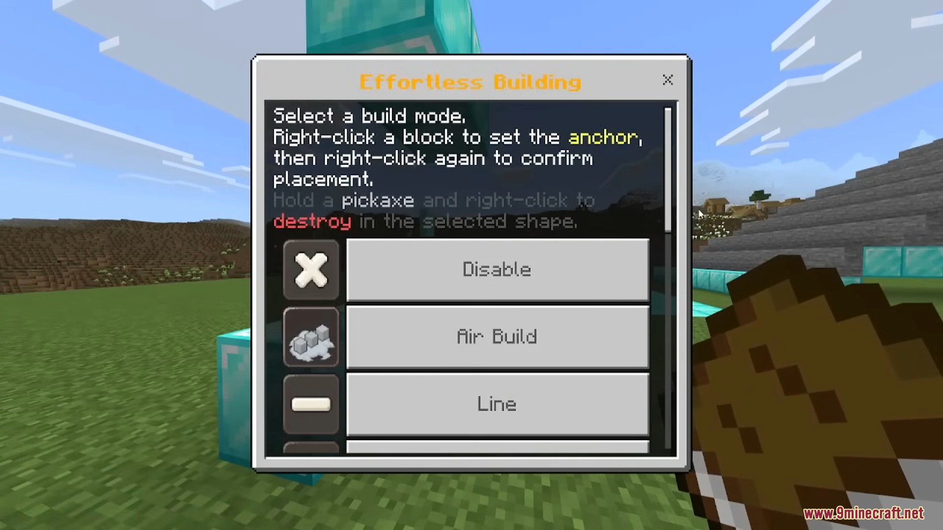 Effortless Building menu showing various selectable block placement modes