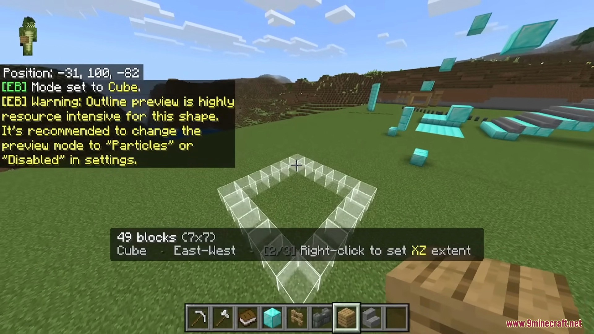 Live preview of a cube shape being built in Minecraft