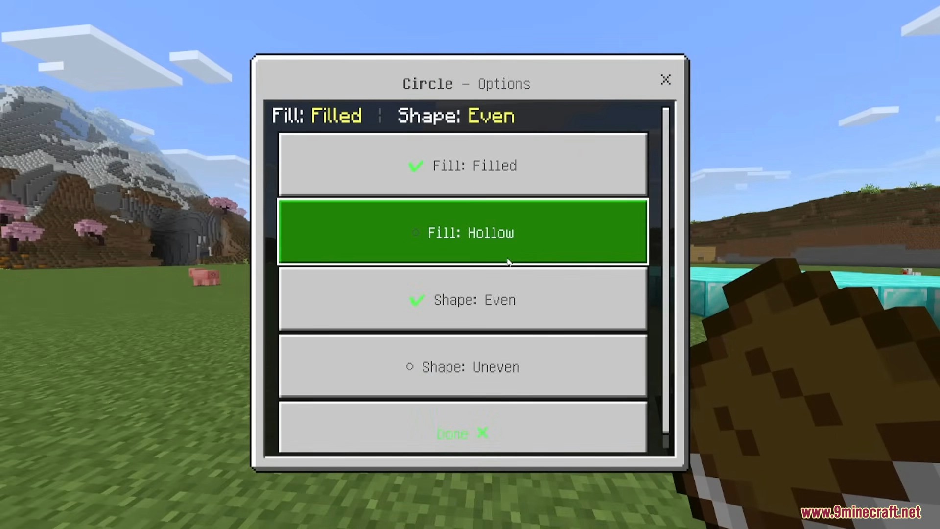 Settings menu for configuring circle shape and fill options