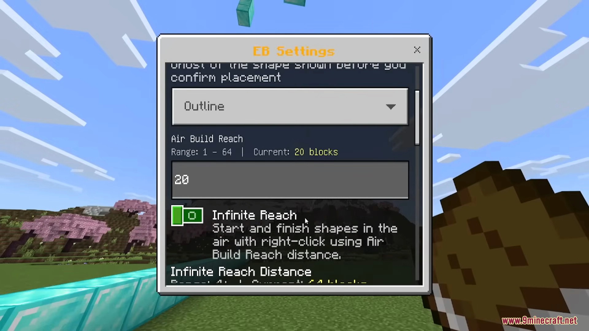 Settings menu for adjusting air build reach and placement