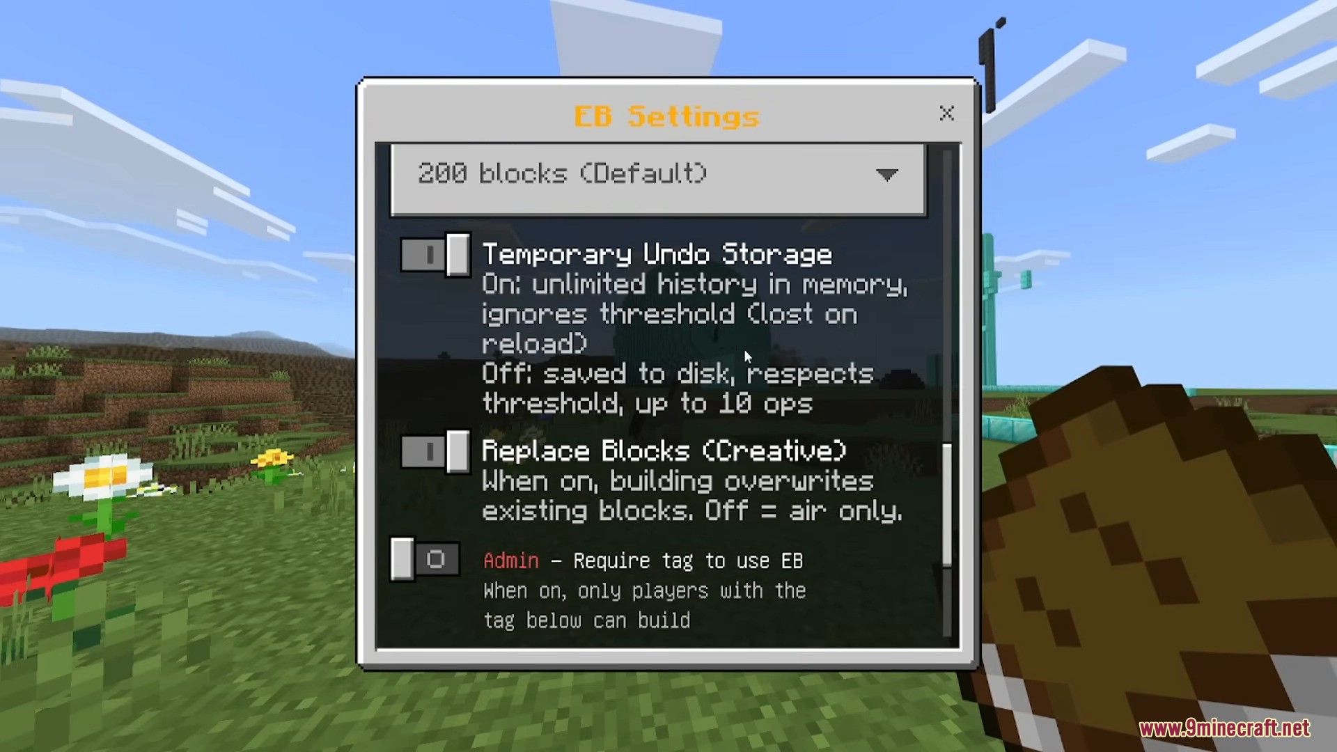 Configuration menu for undo storage and block replacement settings