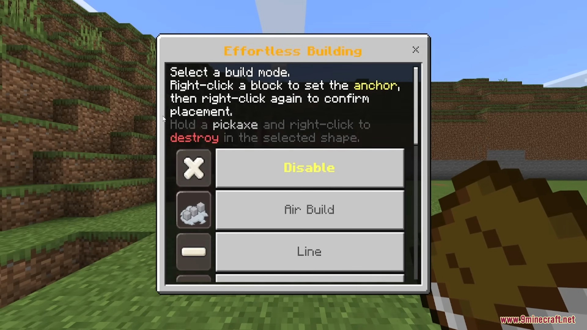 Building book item displaying commands for menu settings and palette