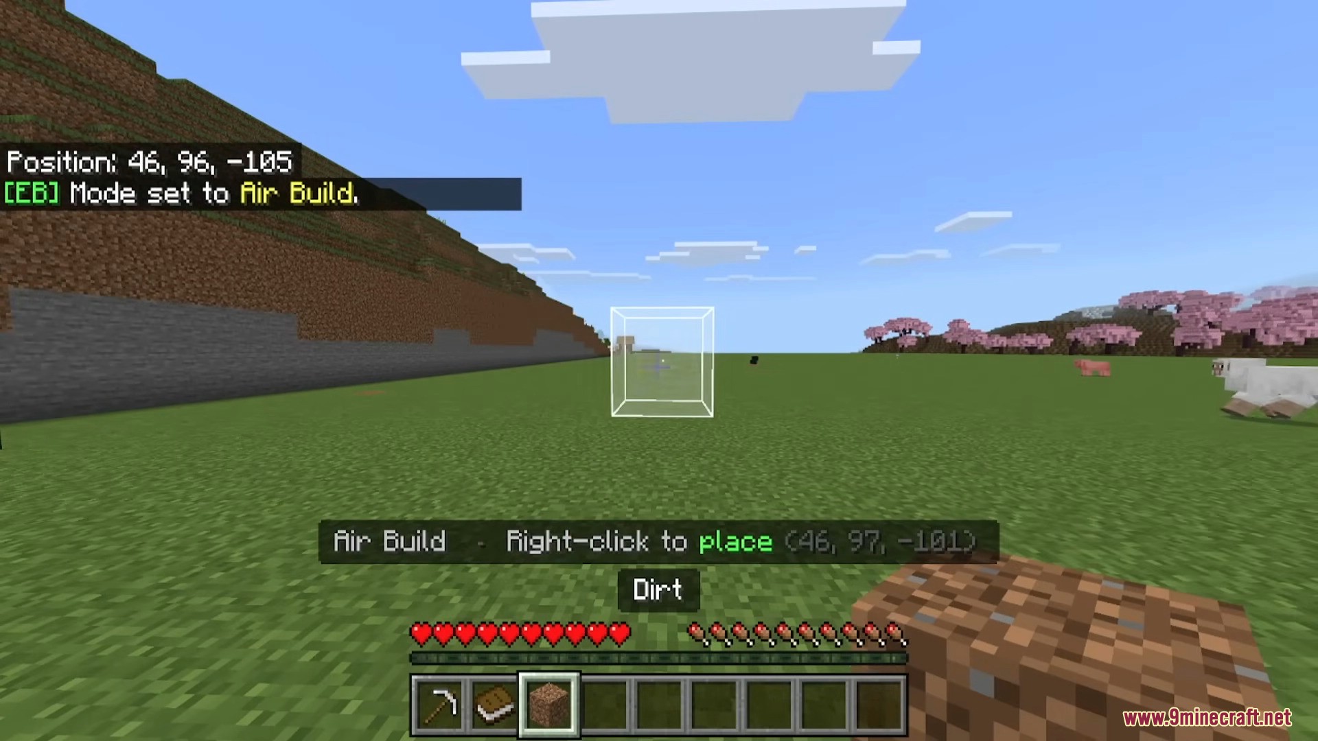 Air Build mode previewing a dirt block placement in mid air