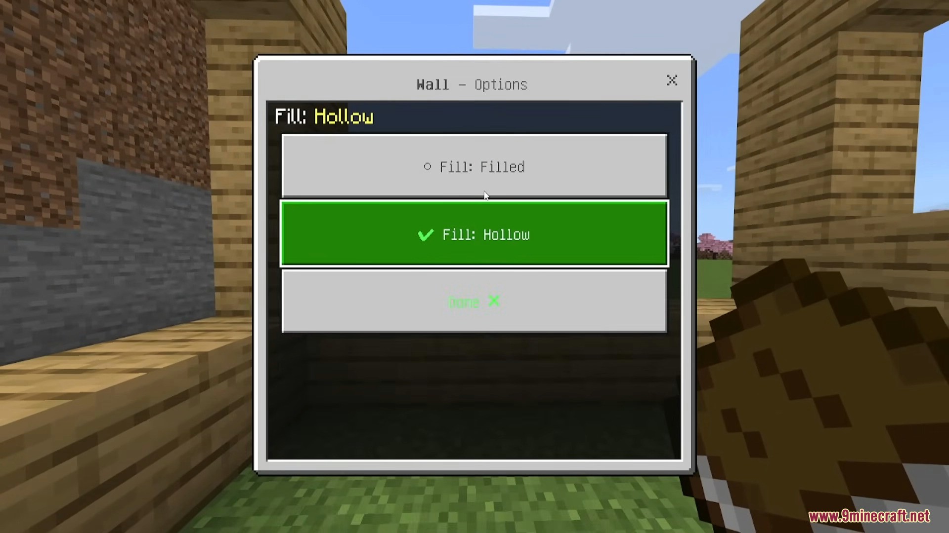 Menu interface for Wall mode showing hollow and filled placement options
