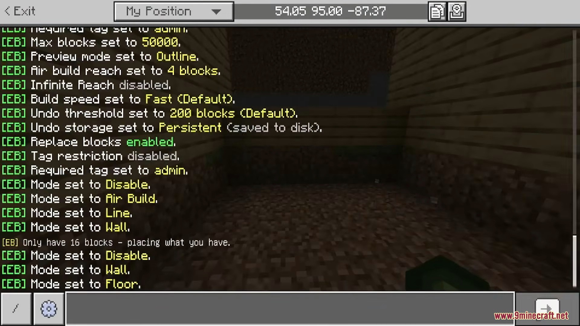 Chat interface displaying active Effortless Building addon configuration settings
