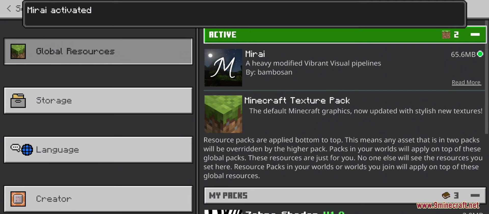 The Mirai shader is activated in the global resources section of the settings