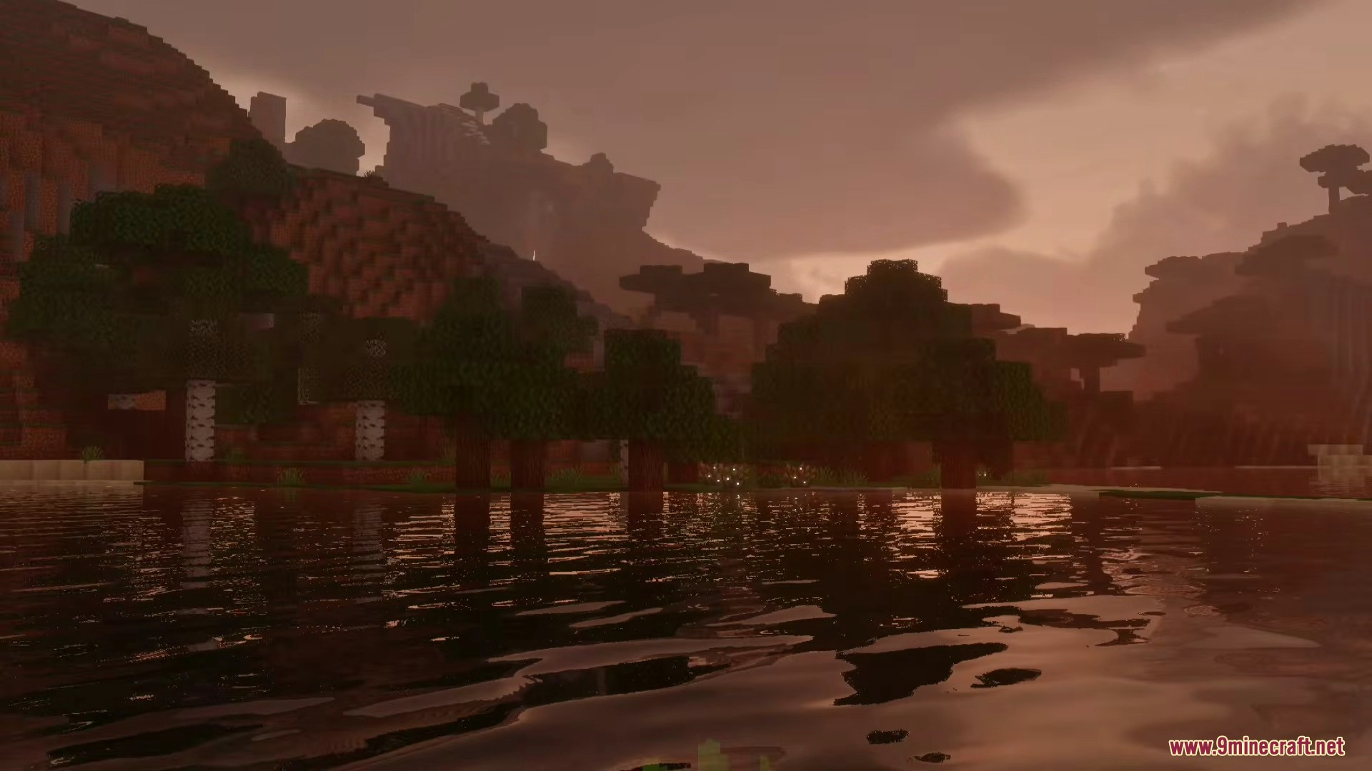 A moody landscape with realistic water reflections under a hazy orange sky