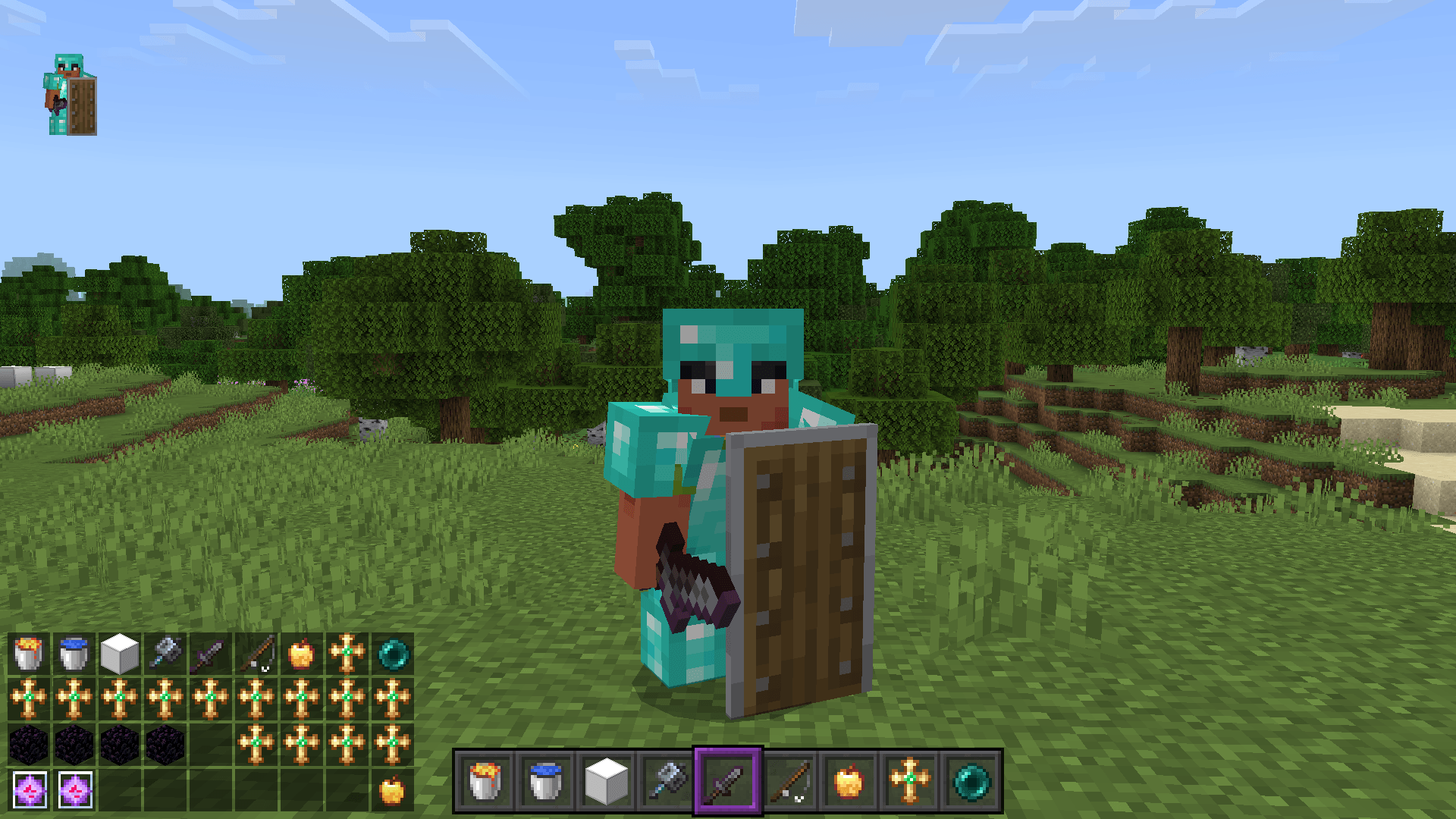 A custom inventory HUD shows your gear on screen mid fight