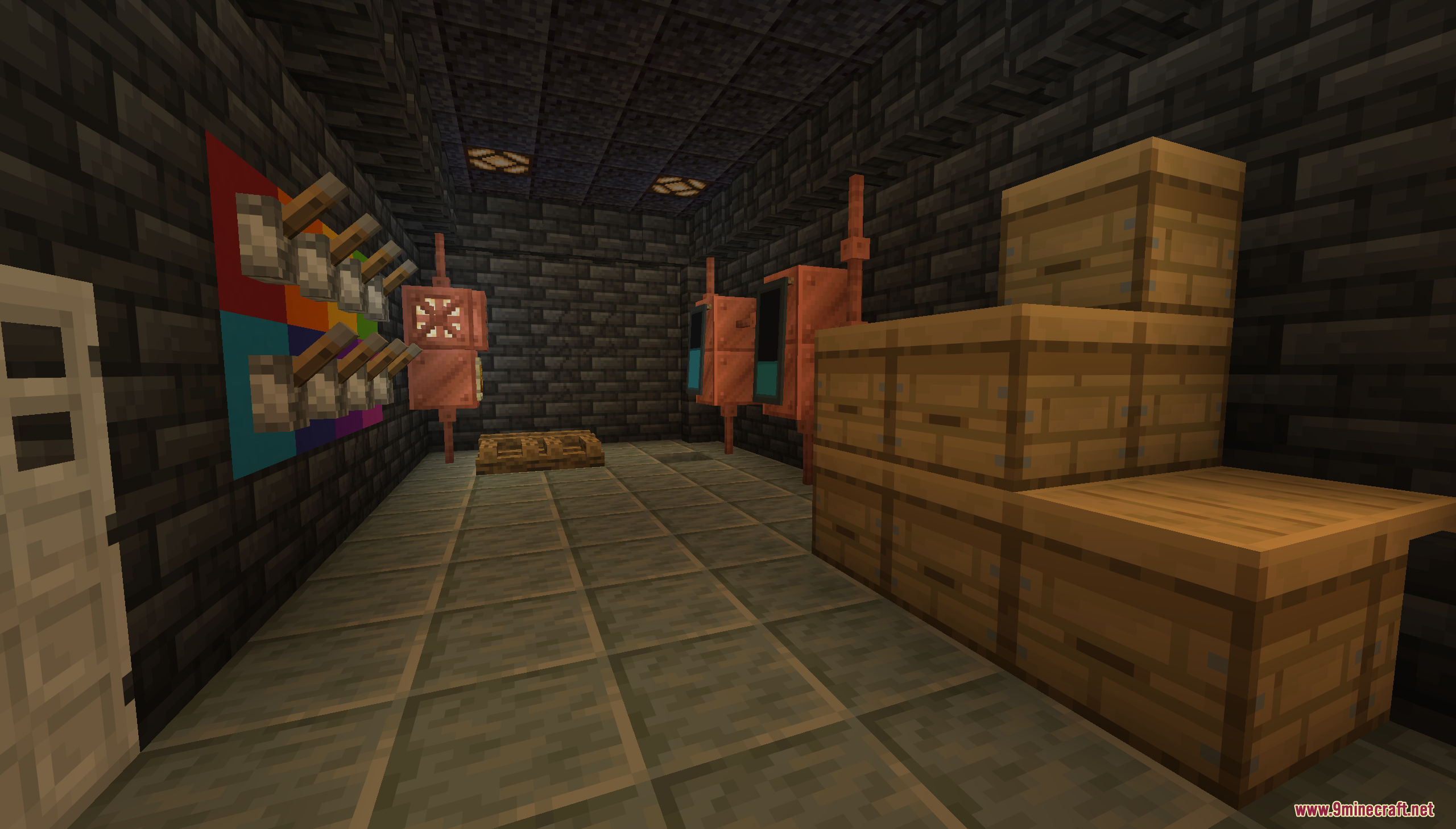 A dark basement with copper machinery and stacked crates