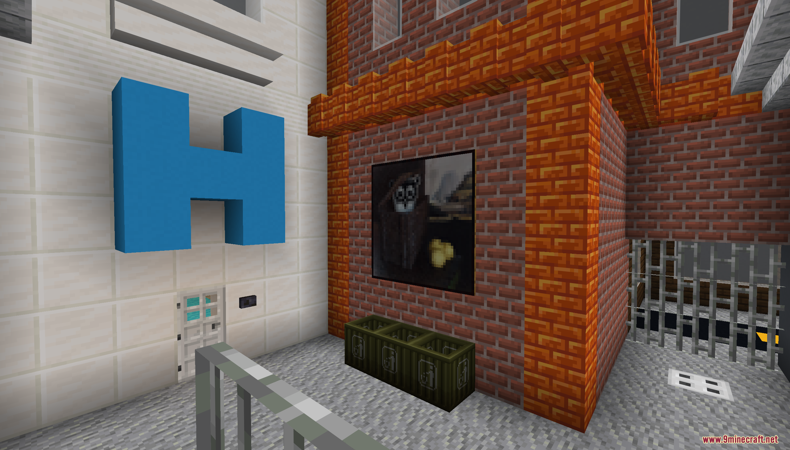 A large blue H logo on the building's exterior