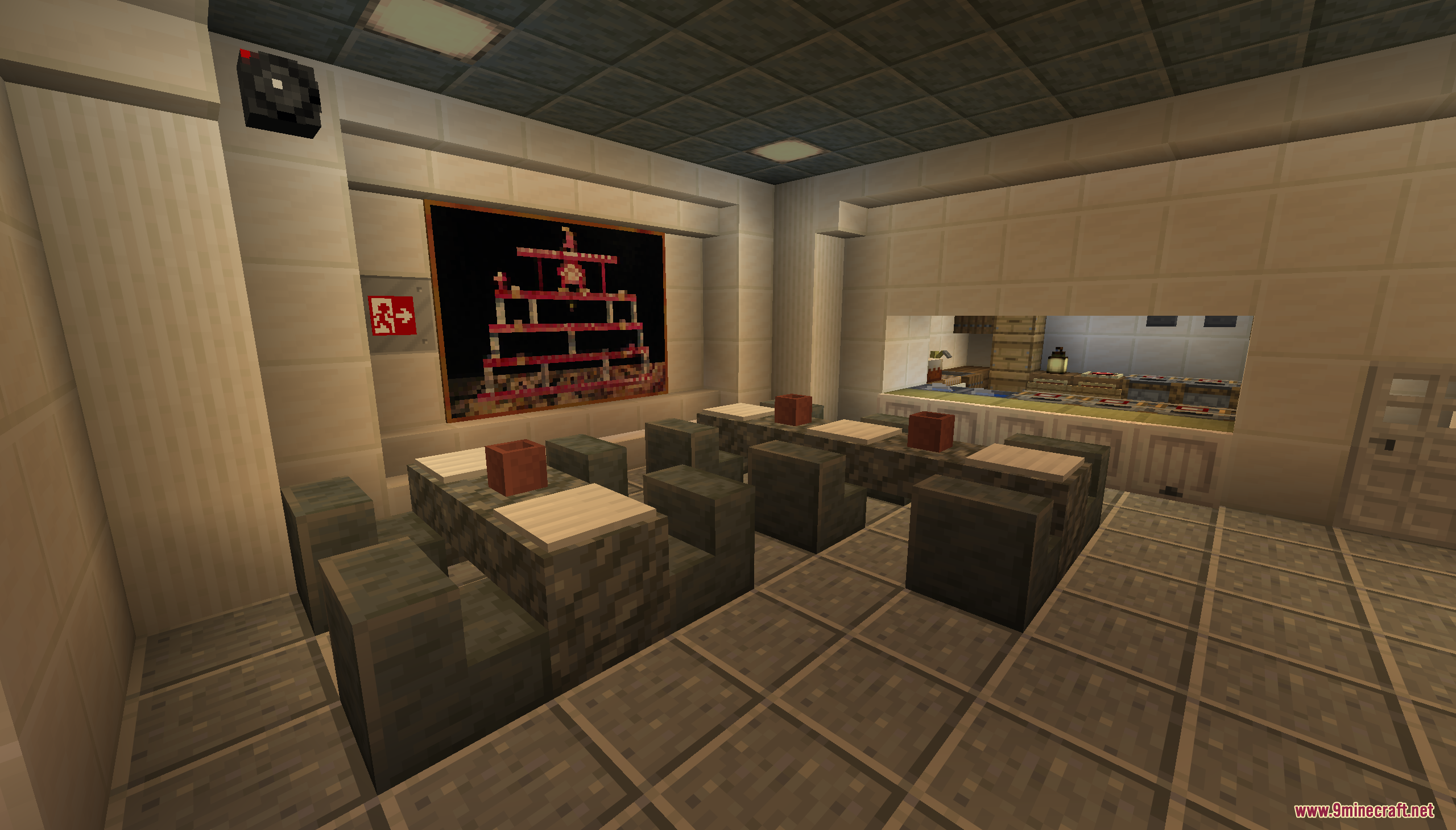 A corporate cafeteria with stone tables and chairs