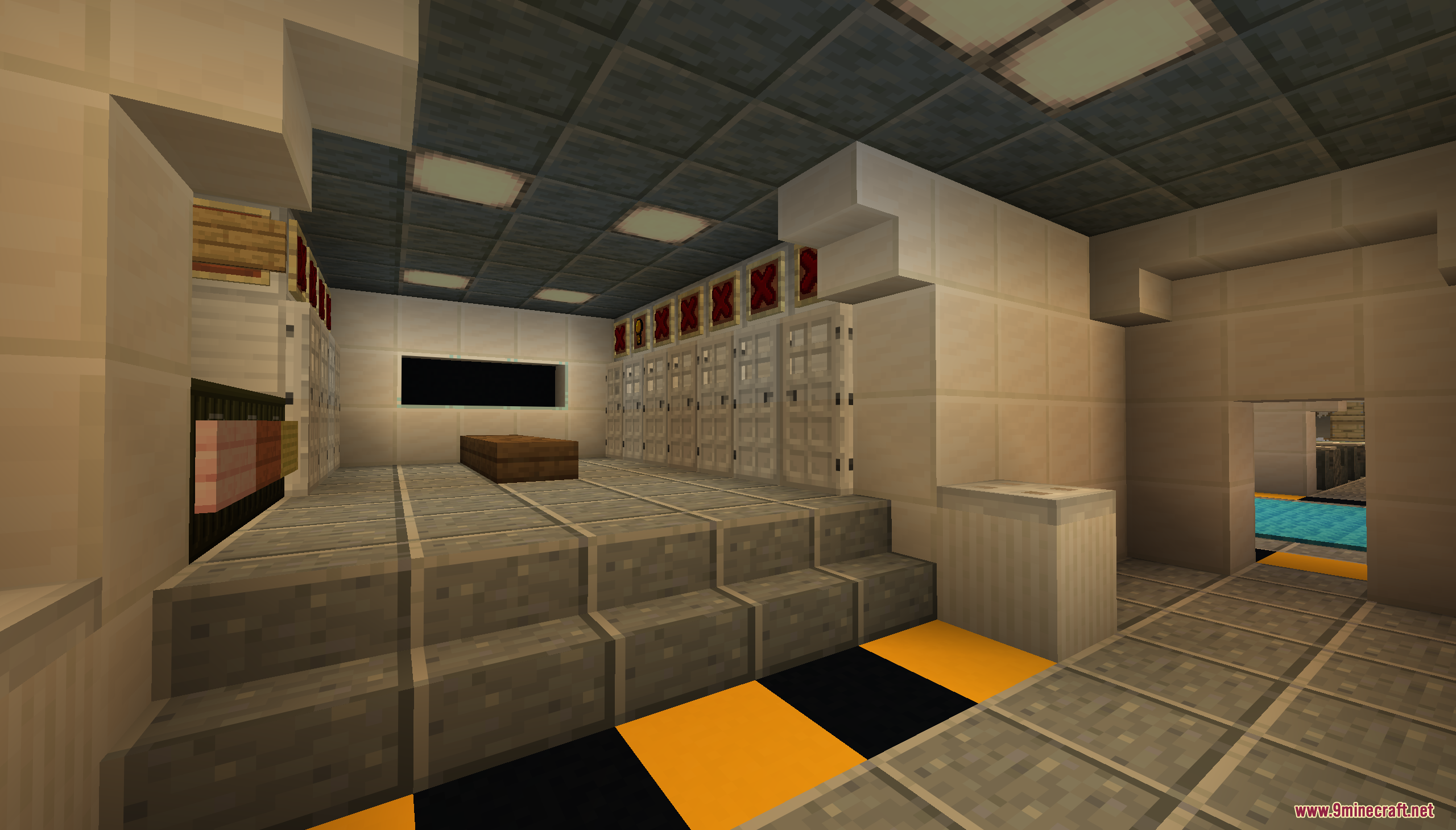 A locker room with rows of lockers and warning stripes