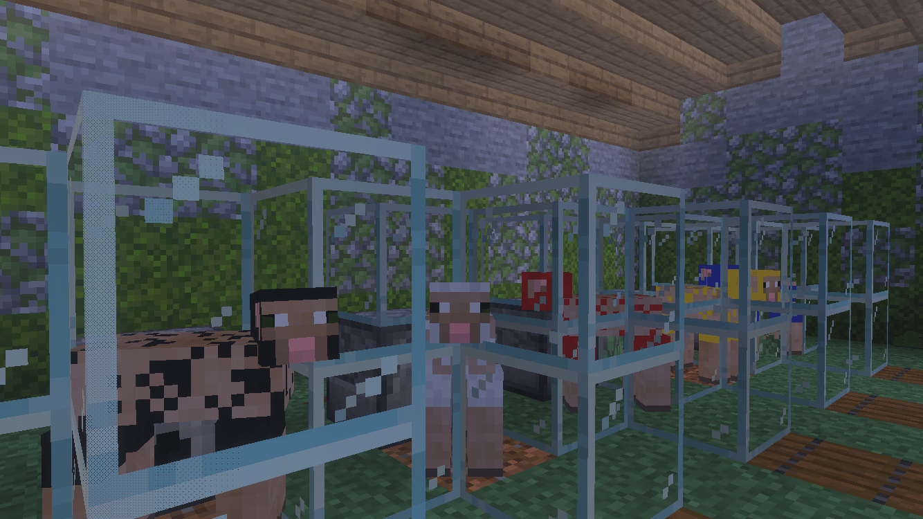 Colorful sheep inside glass enclosures for an automatic wool farm