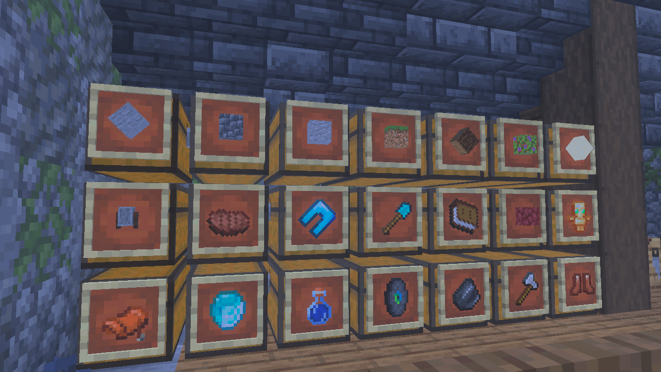 Wall of chests with item frames for organized item storage