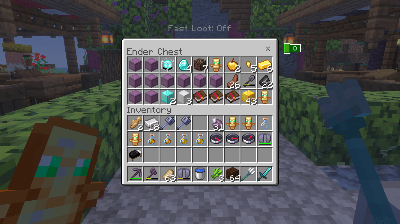 Player inventory showing valuable end game gear and shulker boxes