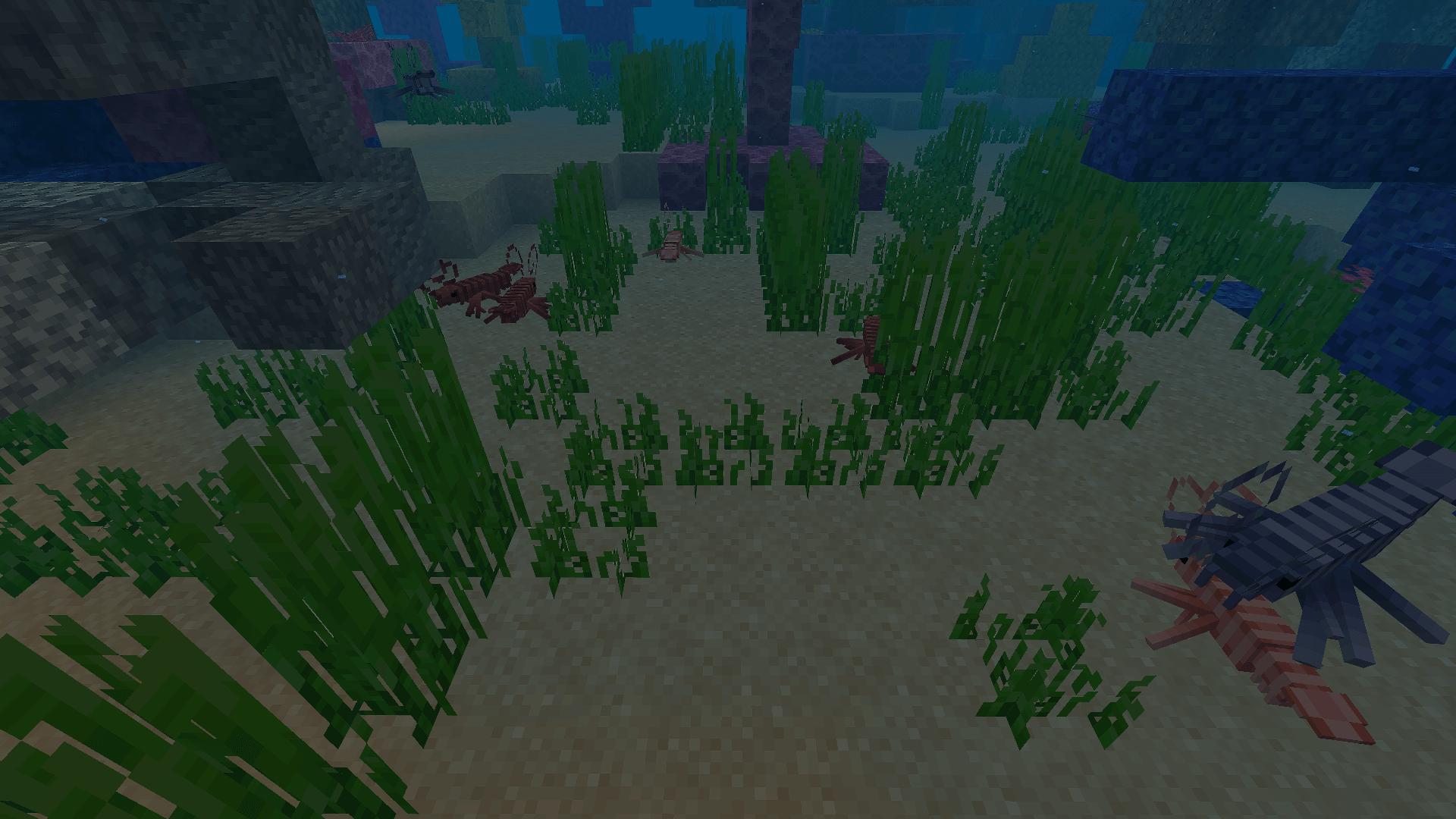 Immersive Fauna Aquatic Update Addon Screenshot 7 A group of lobsters swim underwater in this Minecraft addon