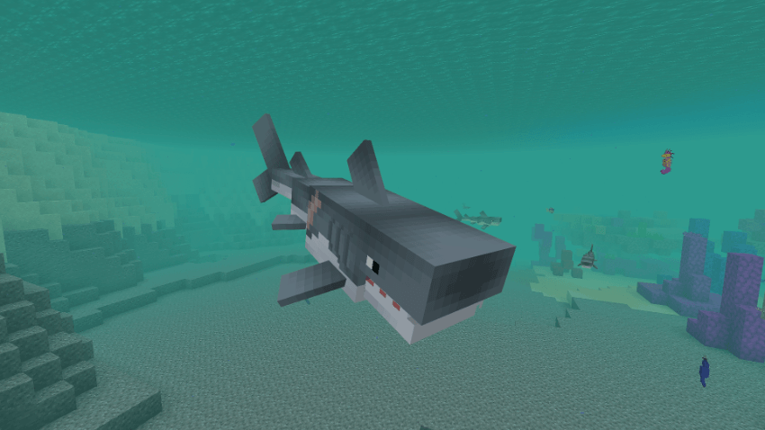 Immersive Fauna Aquatic Update Addon Screenshot 8 A large shark swims through the underwater Minecraft ocean biome