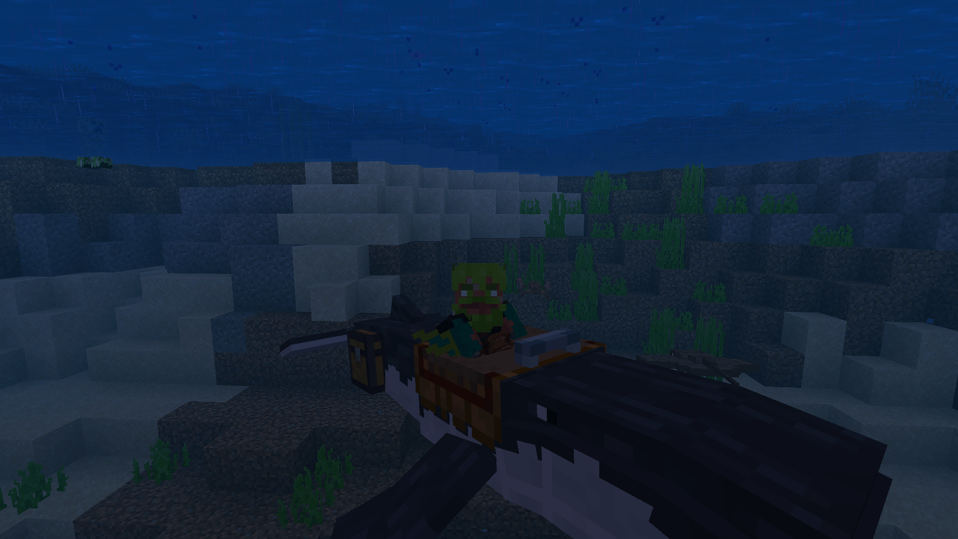 Immersive Fauna Aquatic Update Addon Screenshot 5 A player rides a whale underwater in this Minecraft addon