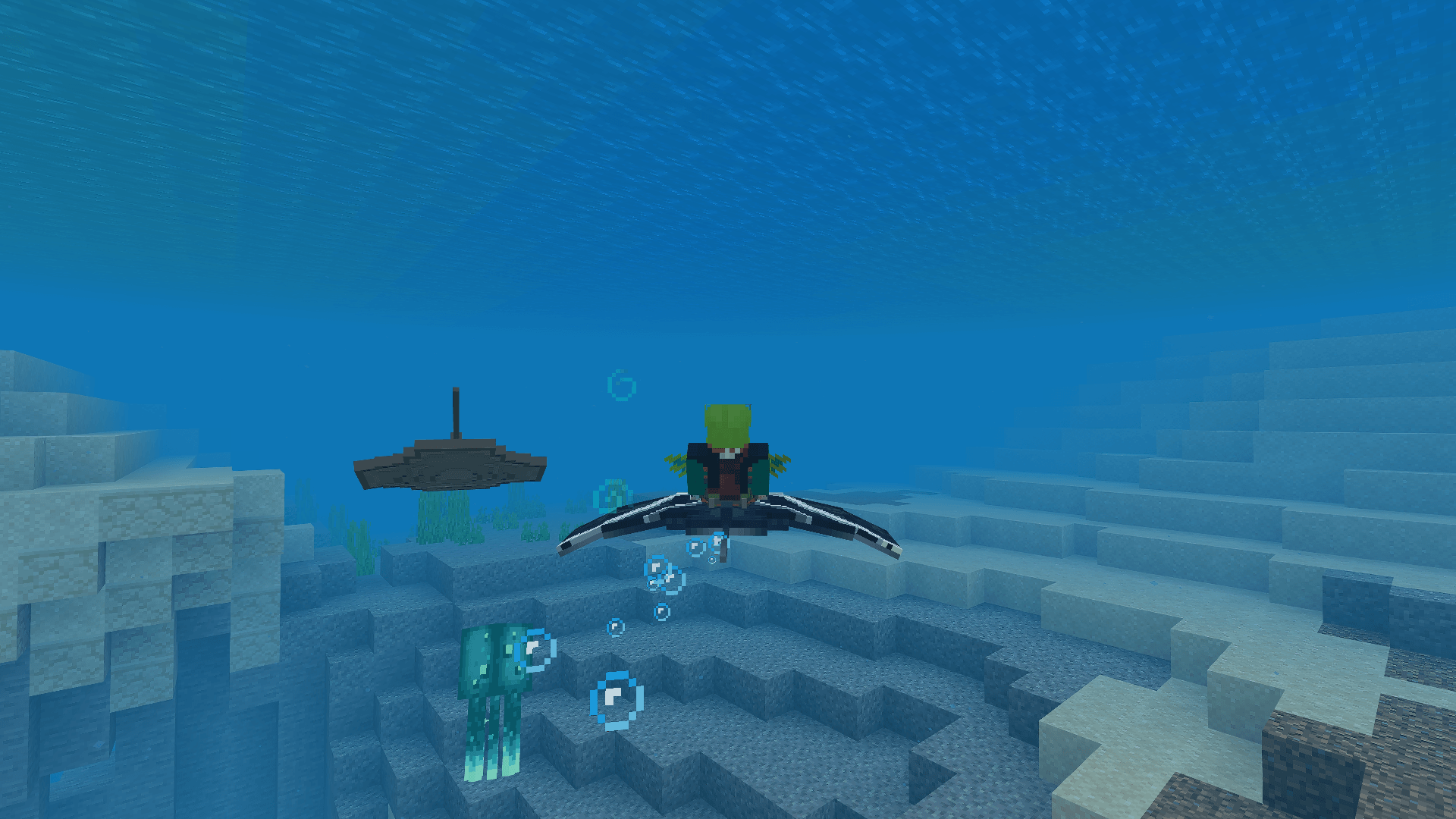 Immersive Fauna Aquatic Update Addon Screenshot 4 A player swims underwater with a manta ray in Minecraft