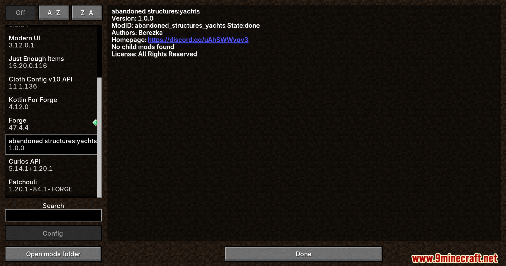 Abandoned Structures Yachts mod information in the mods menu