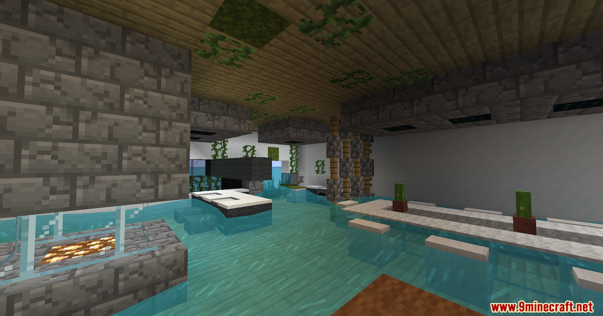 The flooded and decaying interior of an abandoned yacht