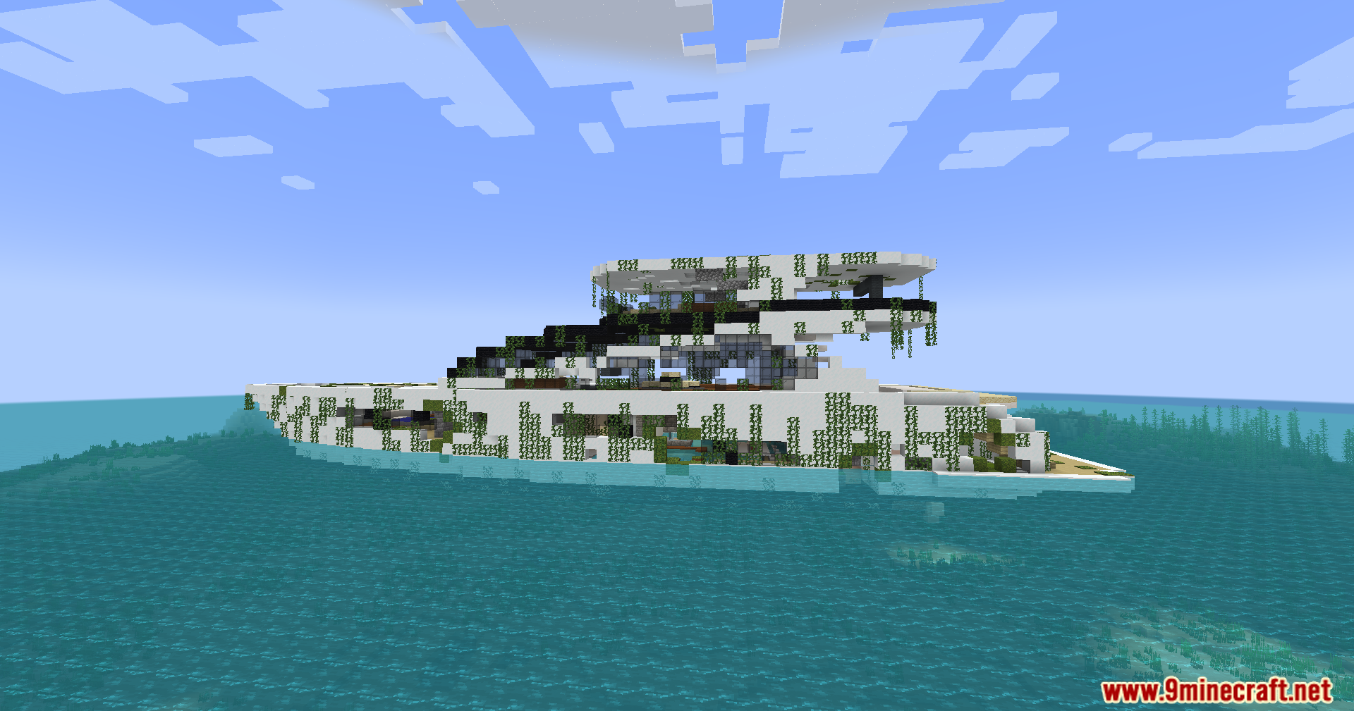 A large, modern yacht overgrown with vines in the ocean