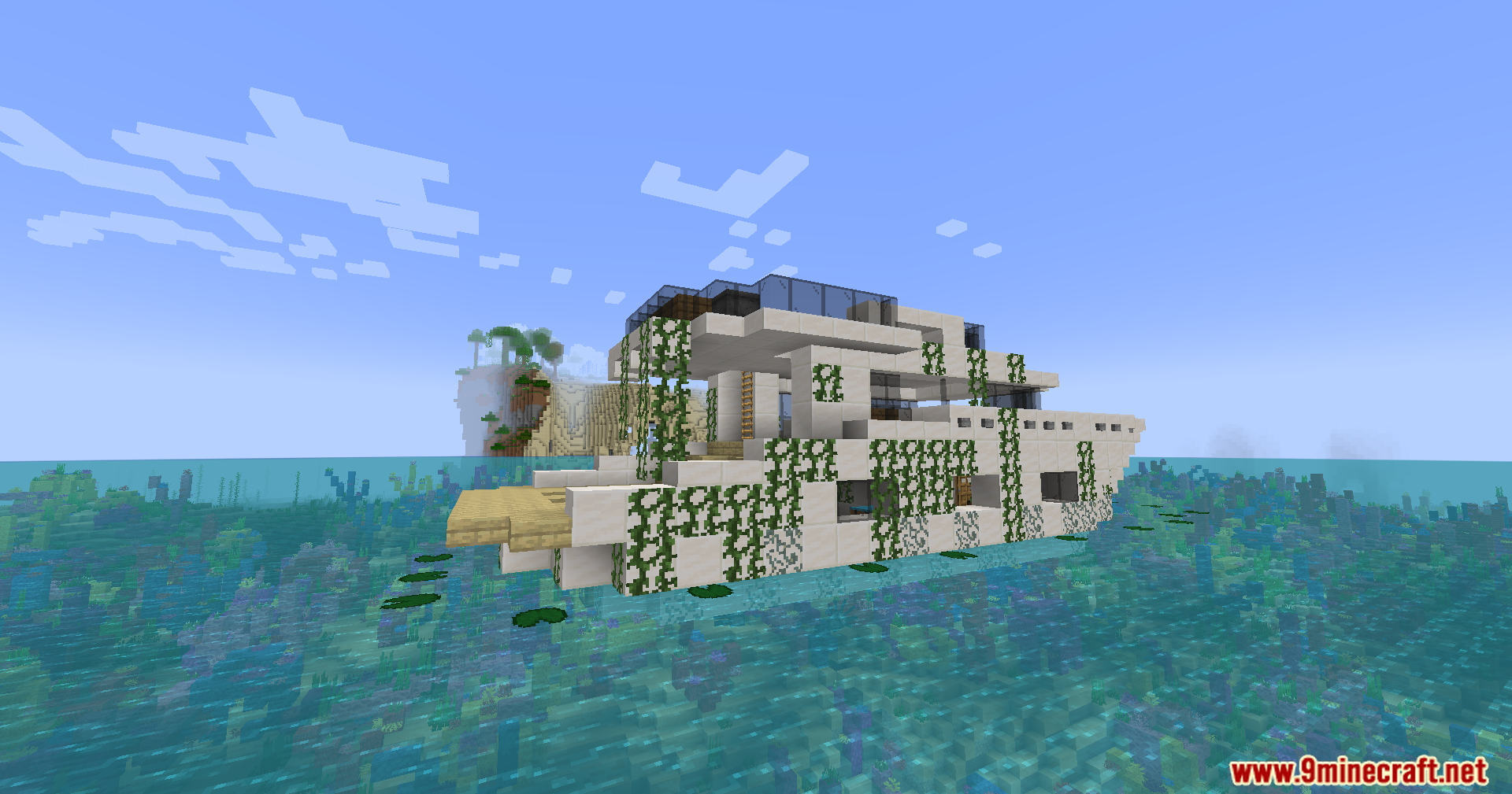 A large, ruined yacht found floating in the open sea