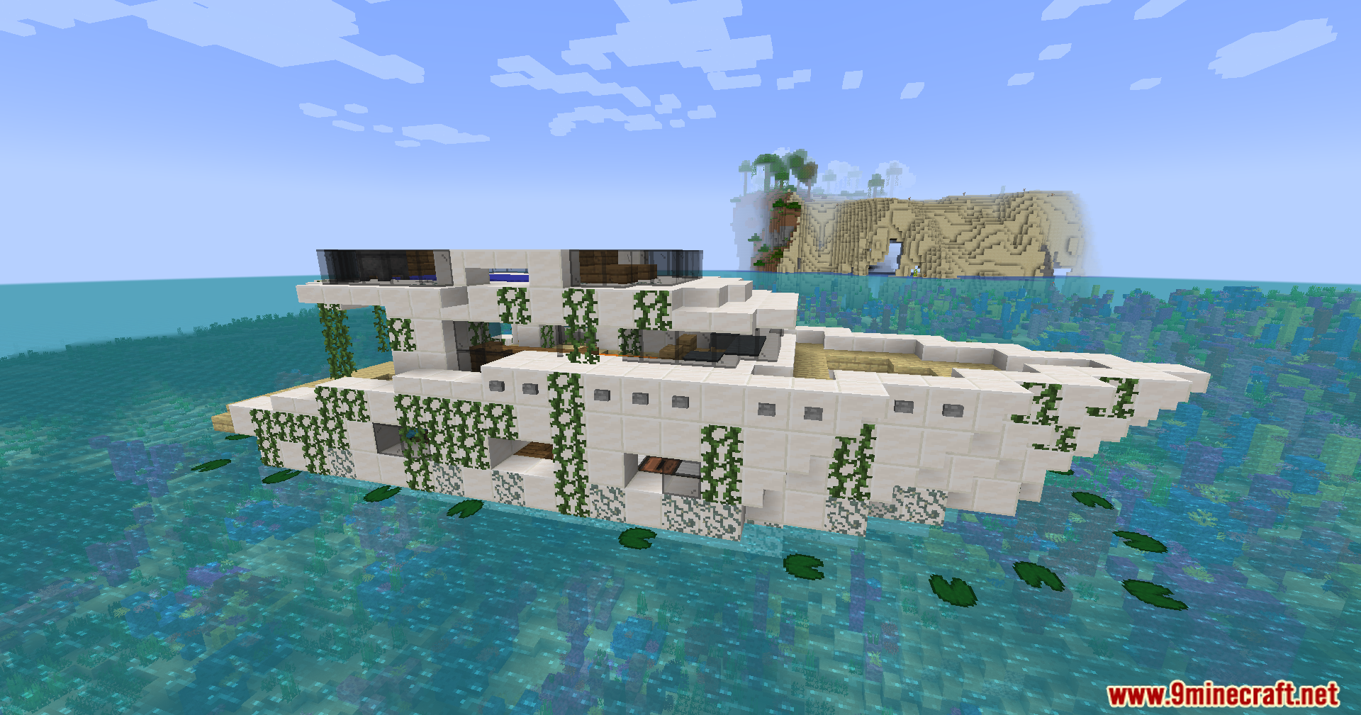 Top-down view of the derelict yacht structure in the water