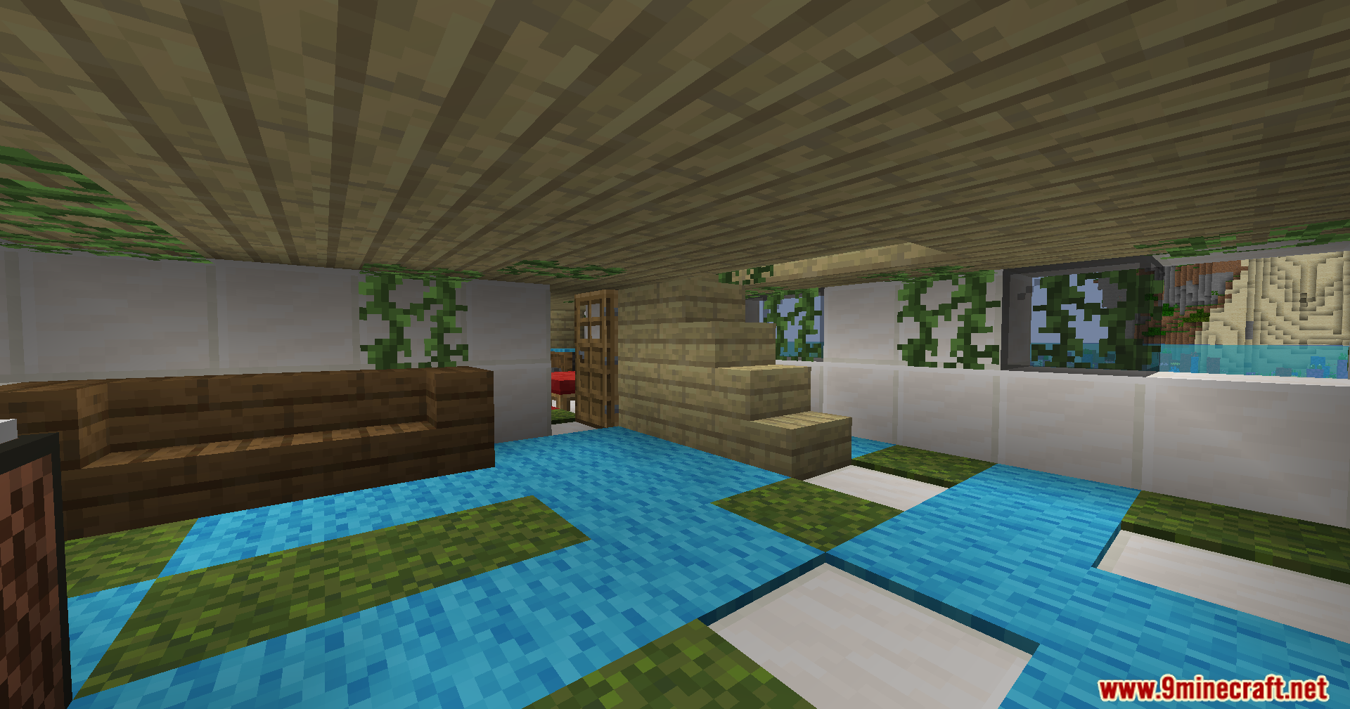 The living room inside a derelict and overgrown yacht