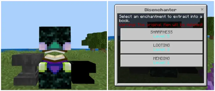Disenchanter block interface showing options to extract enchantments into books