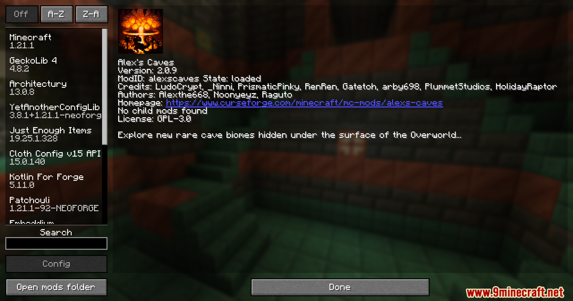 Minecraft mod menu displaying Alexs Caves details and version information