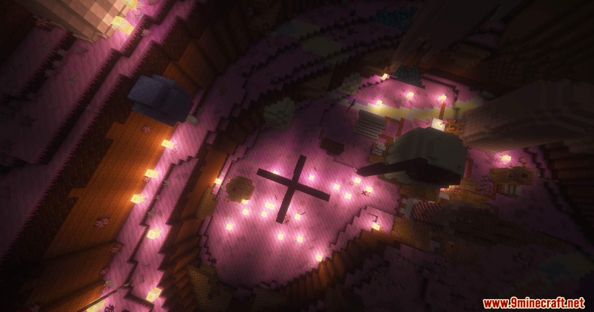 Top down view of glowing pink candy cave biome structures