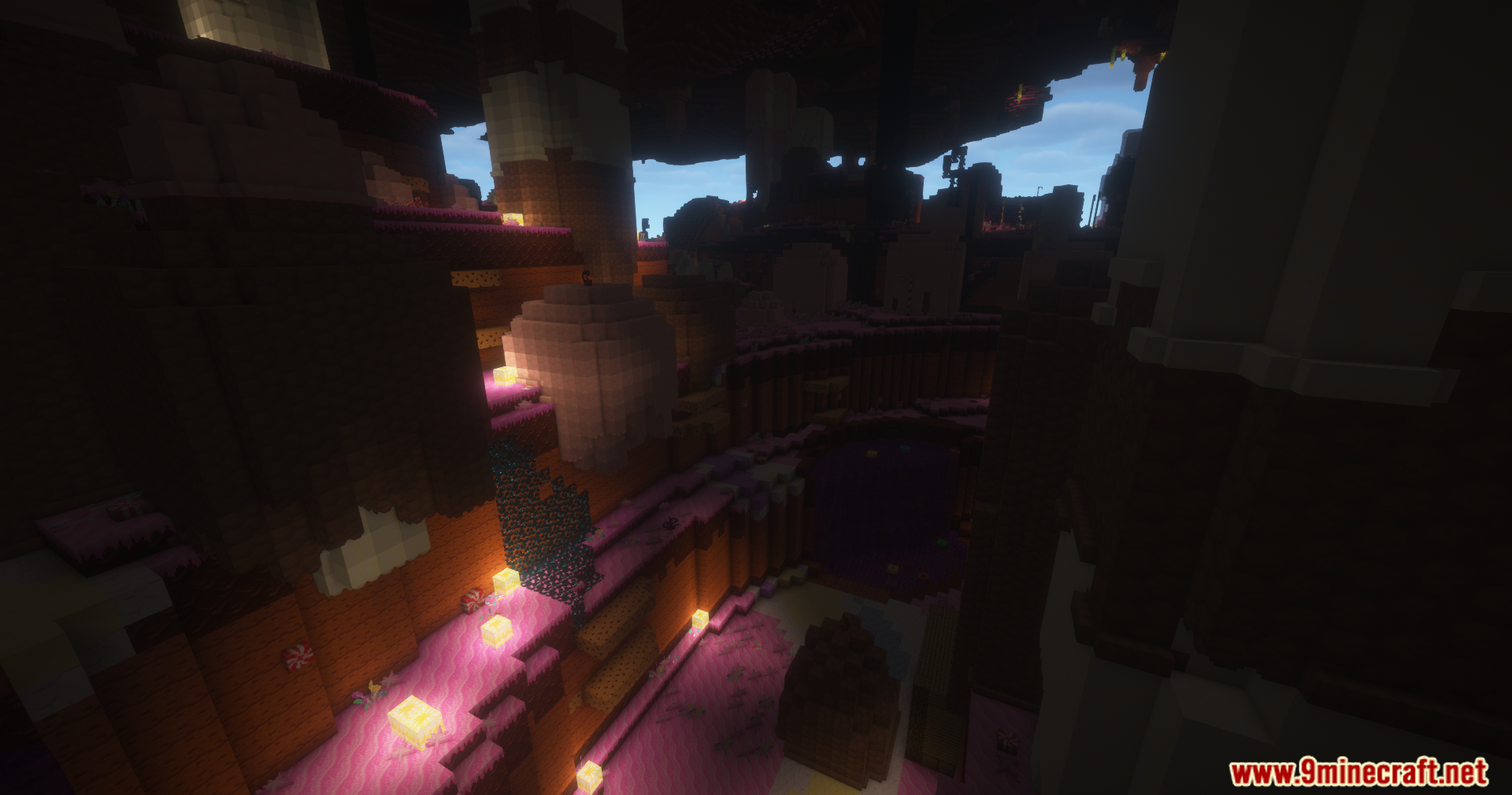 Layered terrain and glowing blocks inside the sweet underground biome