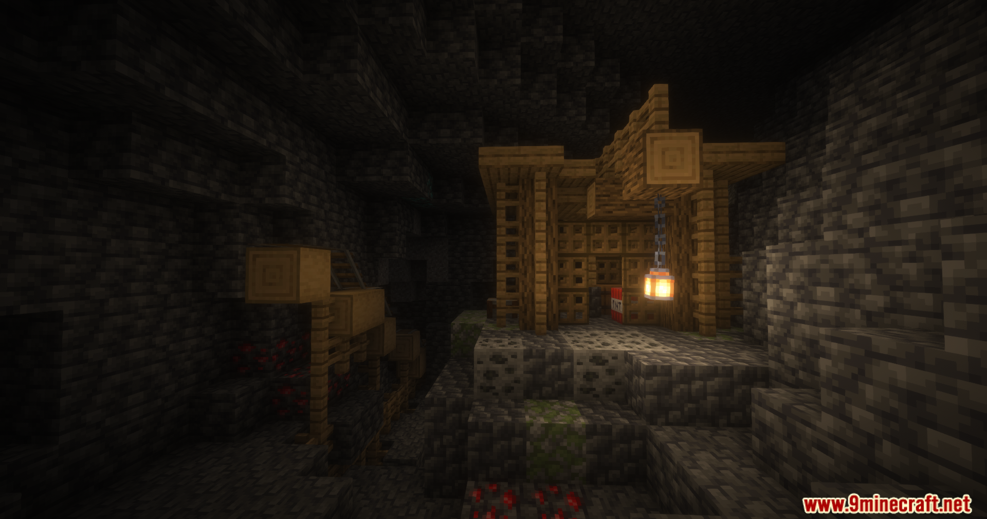 Underground wooden mining outpost with scaffolding lantern and redstone ore