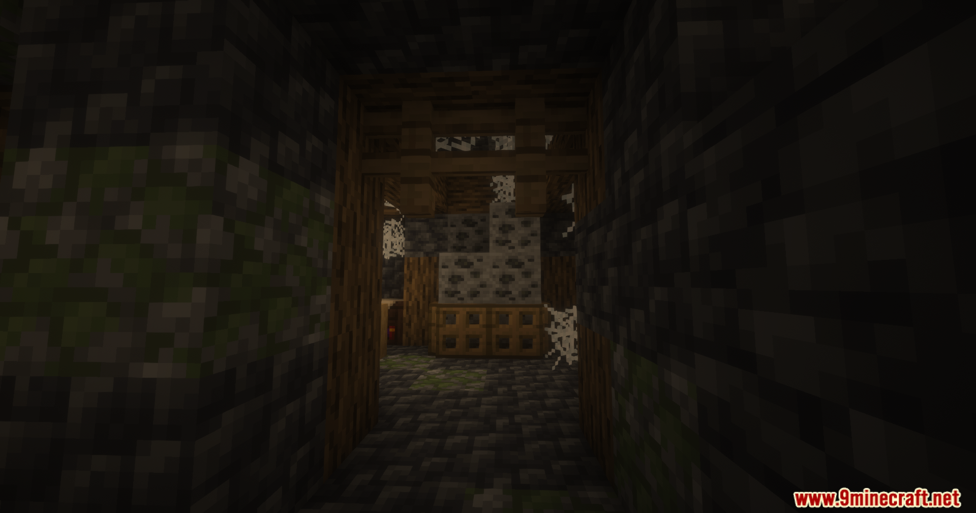 Dark stone hallway leading to a wooden room with cobwebs