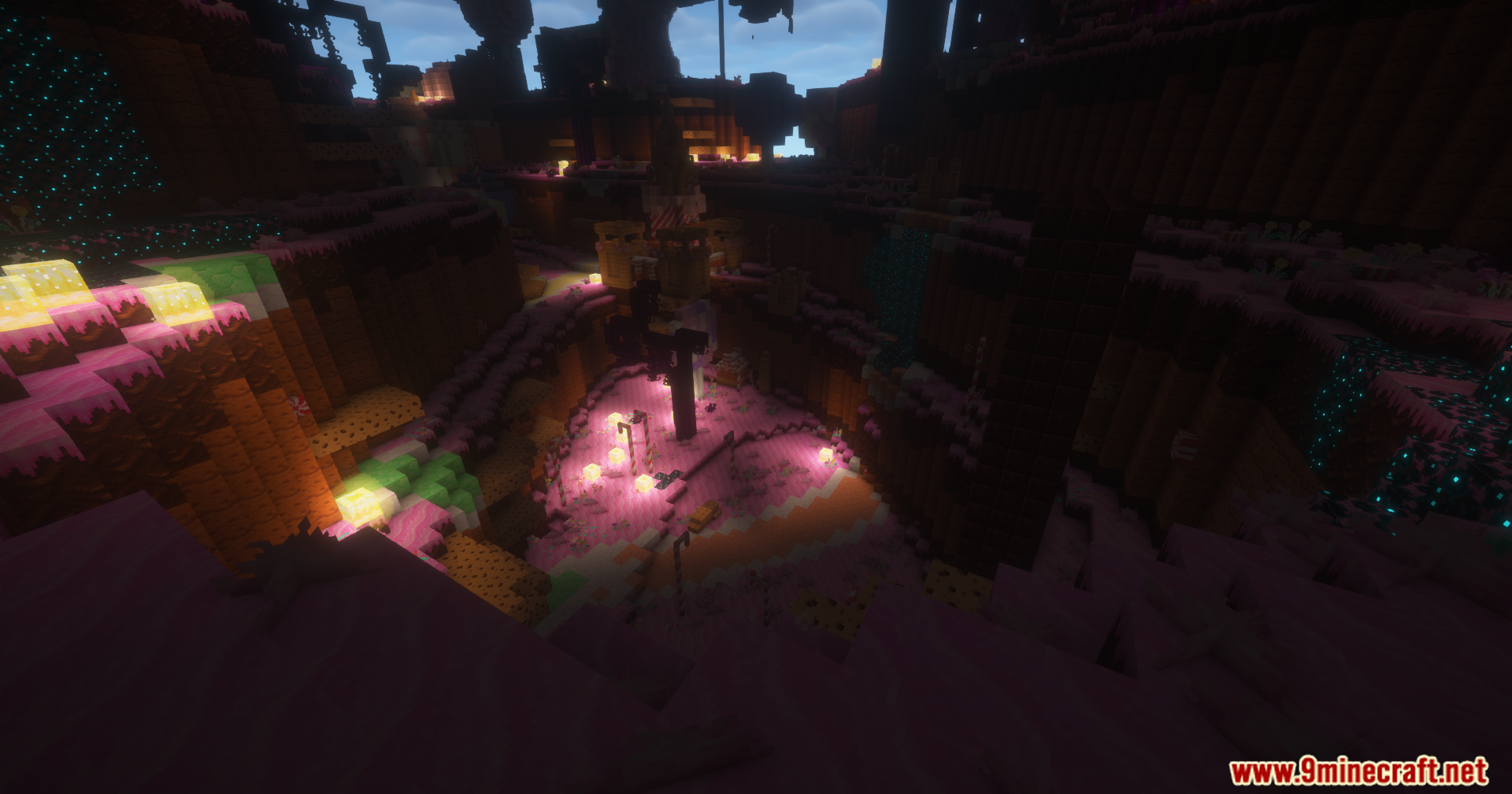 Vibrant candy themed cave biome with pink frosting and glowing blocks