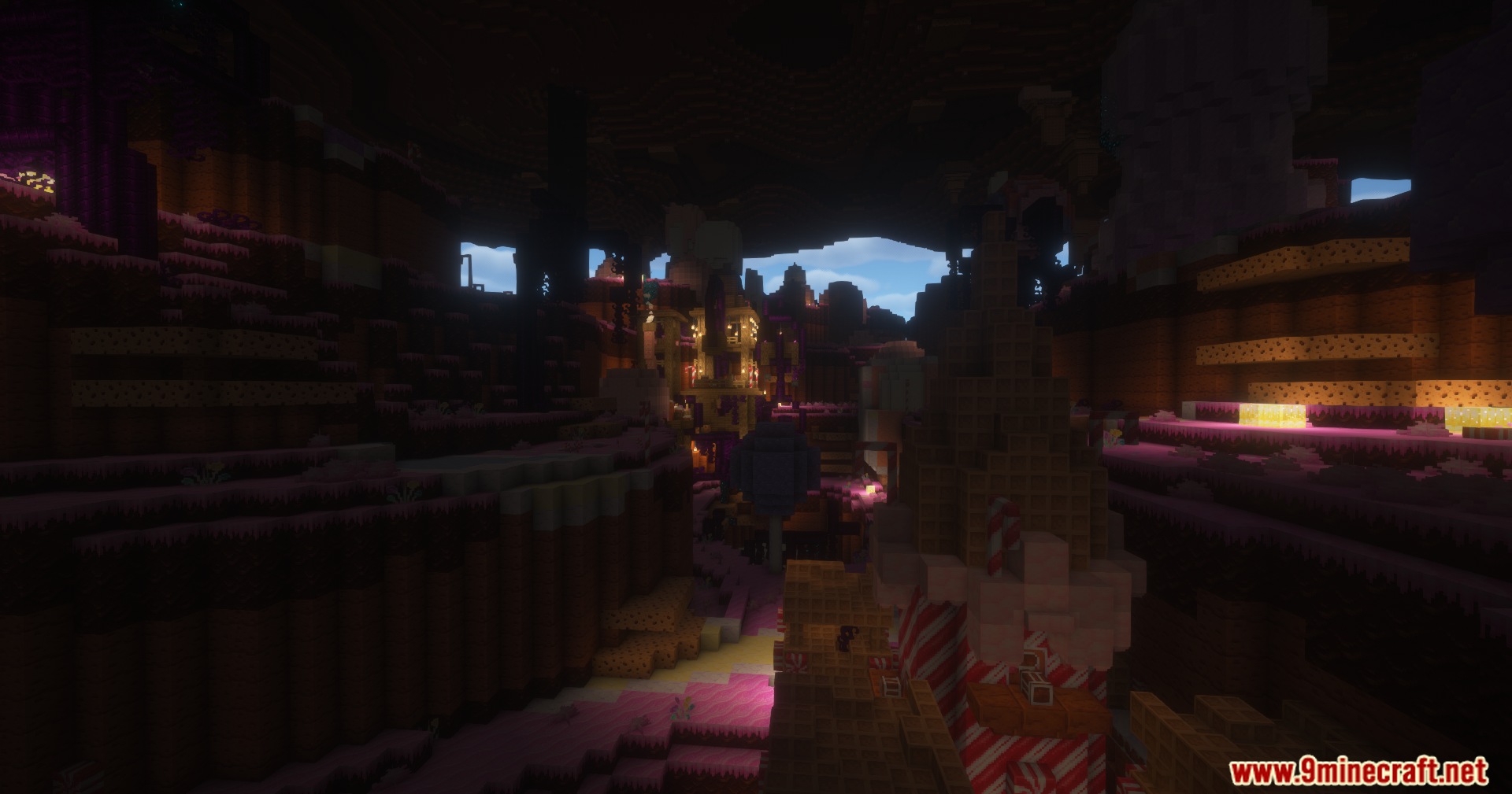Wide view of the underground candy cavern with sweet structures